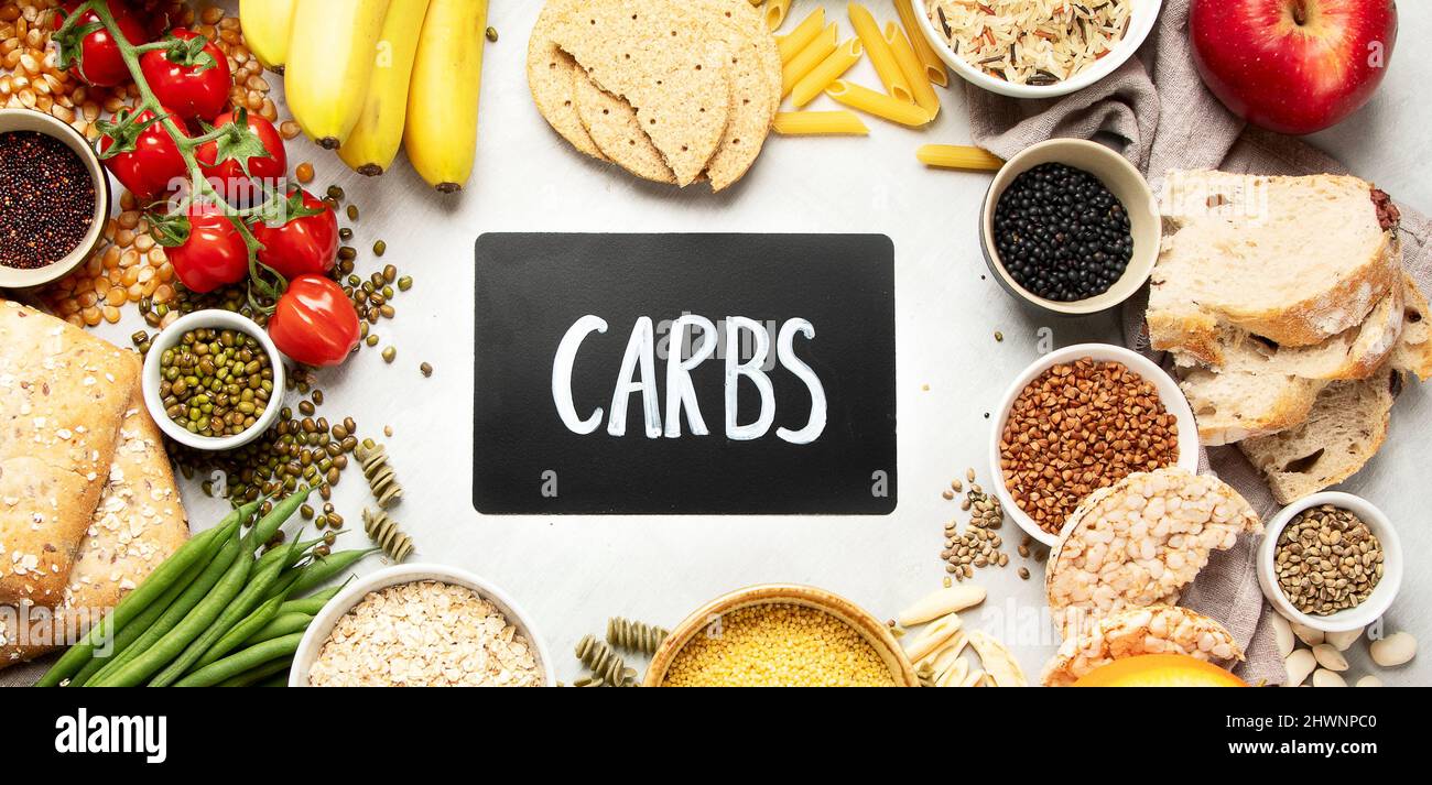 Selection of good carbohydrates sources vegetables, fruits, grains