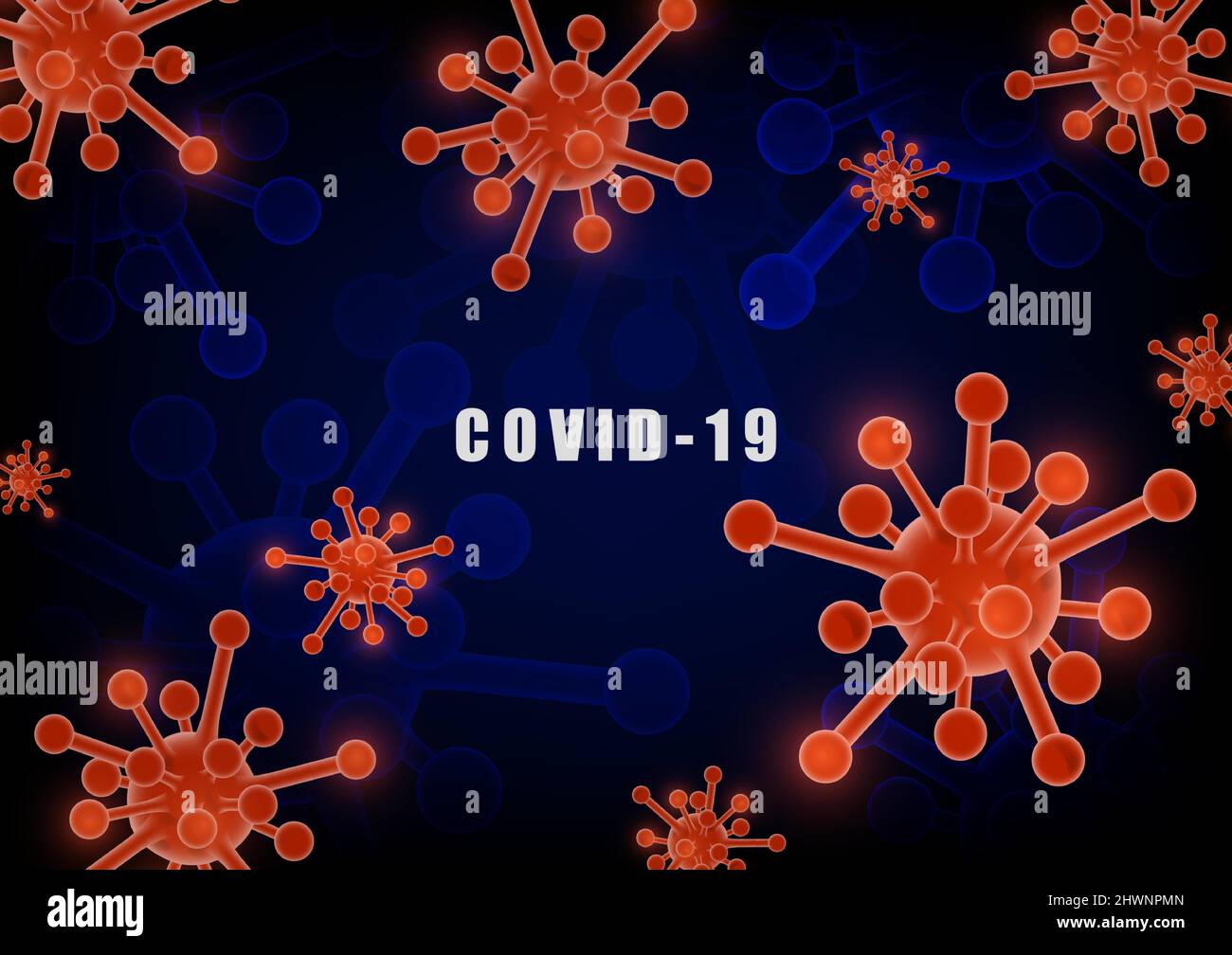 Abstract COVID-19 virus pandemic style of futuristic blue contrast by red viruses. Overlapping for copy space of text background. Stock Vector