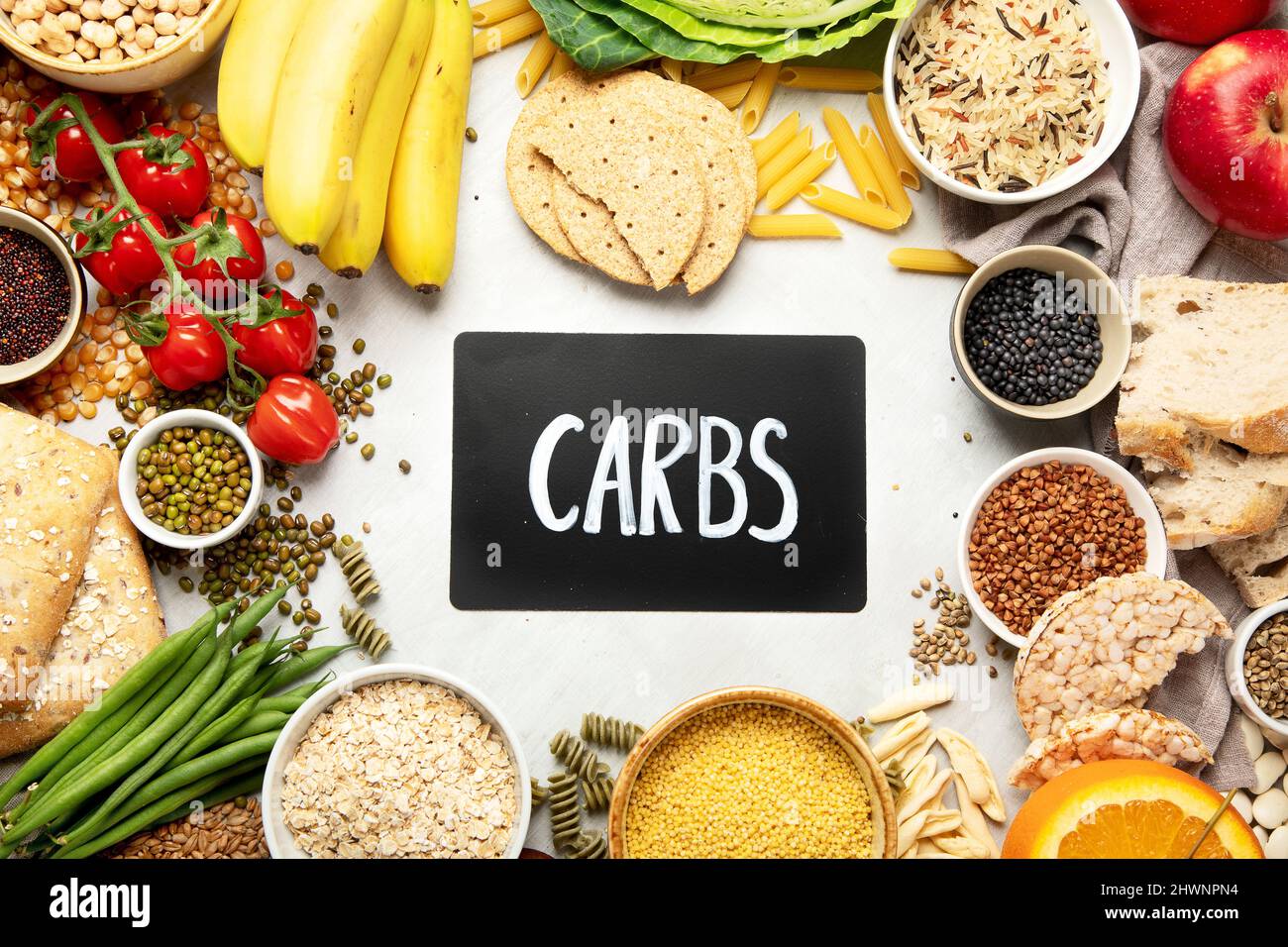 Selection of good carbohydrates sources vegetables, fruits, grains