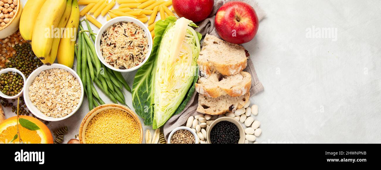 Selection of good carbohydrates sources vegetables, fruits, grains