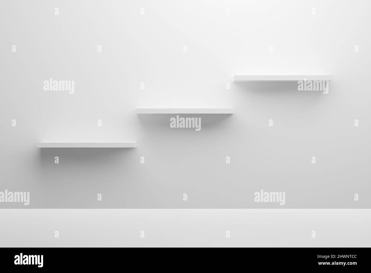 Front view of empty white shelves mounted on a white wall. Backdrop shelf for product display. 3D render. Stock Photo