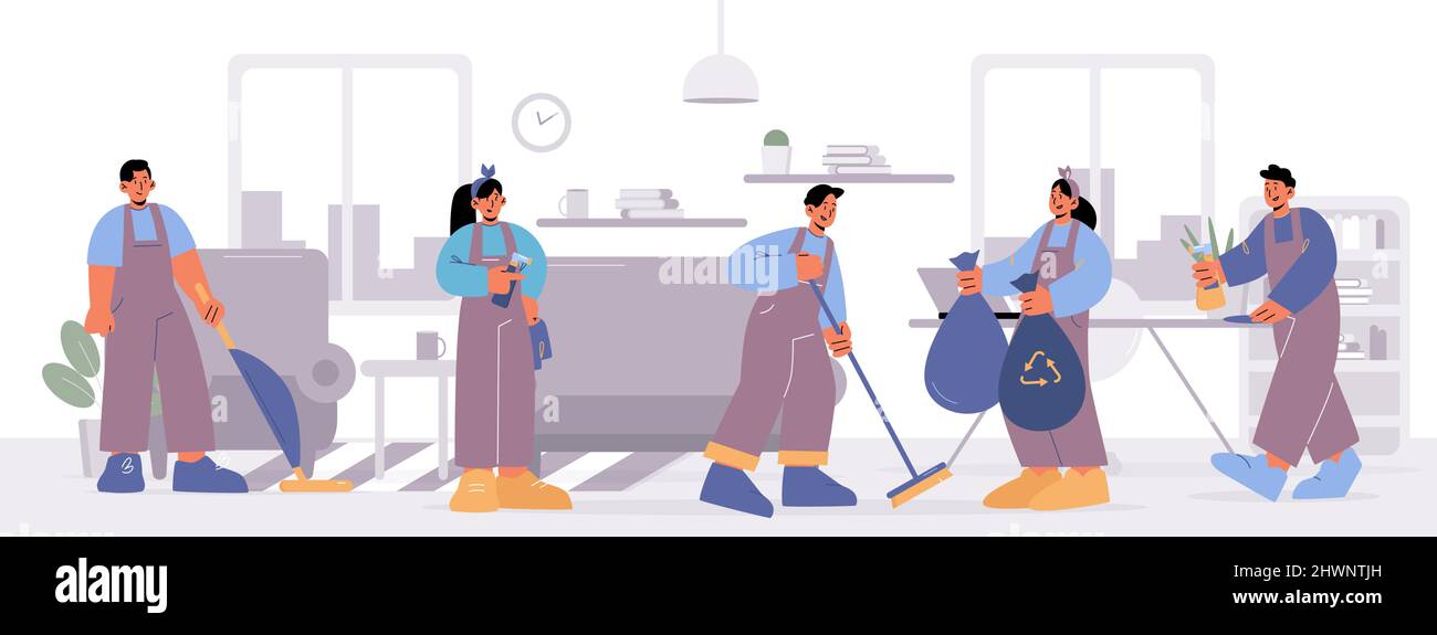 Cleaning service staff work in living room. Vector flat illustration of ...