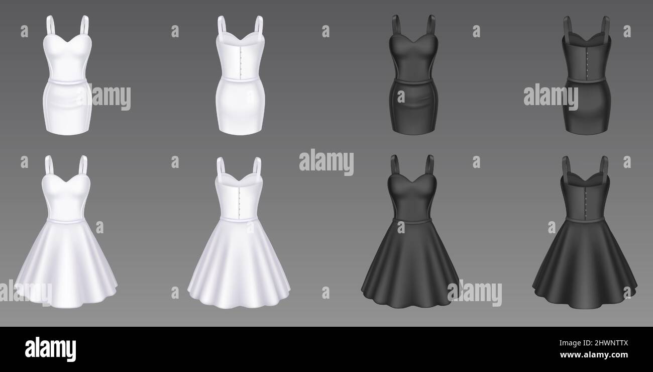Women cocktail and sheath dresses in front and back view. Vector realistic 3d mockup of black and white girls evening gown with short skirt and sweetheart neckline isolated on background Stock Vector