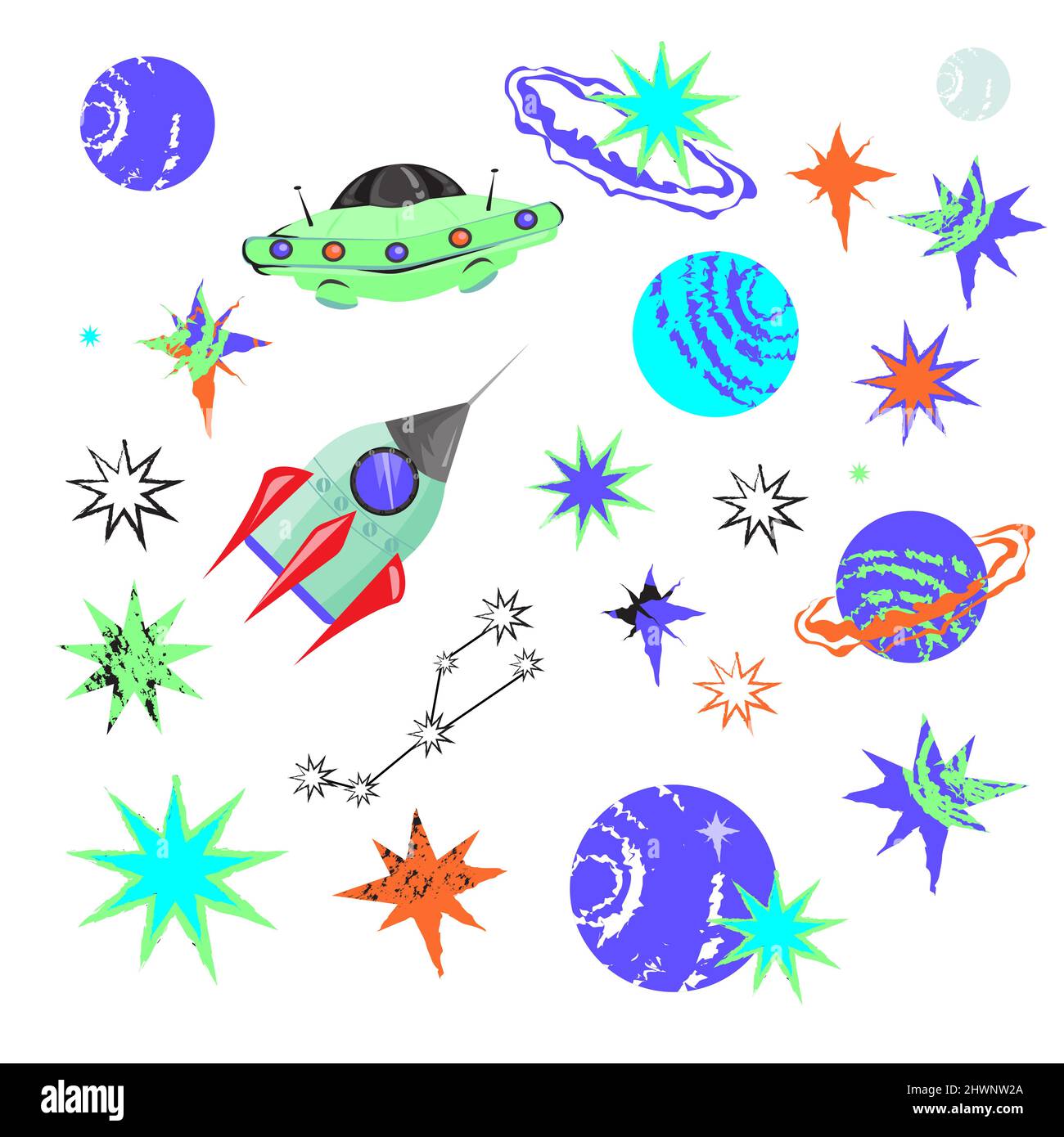 Set of space objects. Spaceship, rockets, planets, astronaut, alien, UFO  etc Stock Vector