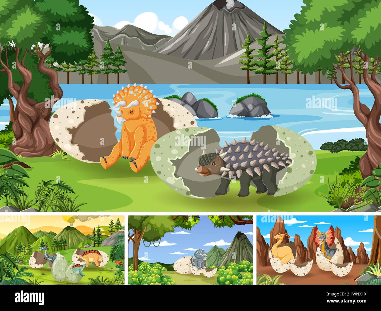 Scene with many dinosaurs in the forest illustration Stock Vector Image ...
