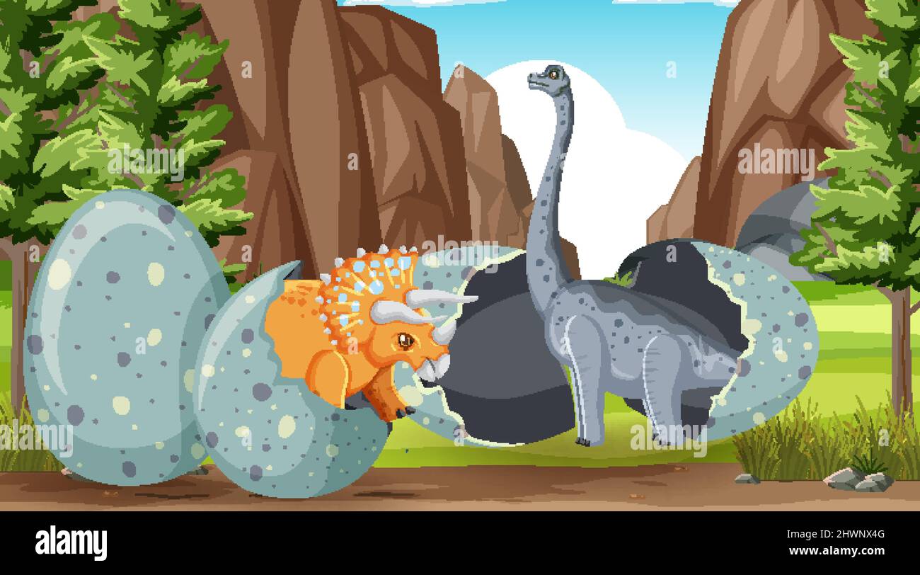 Scene with triceratops and brachiosaurus in forest illustration Stock ...
