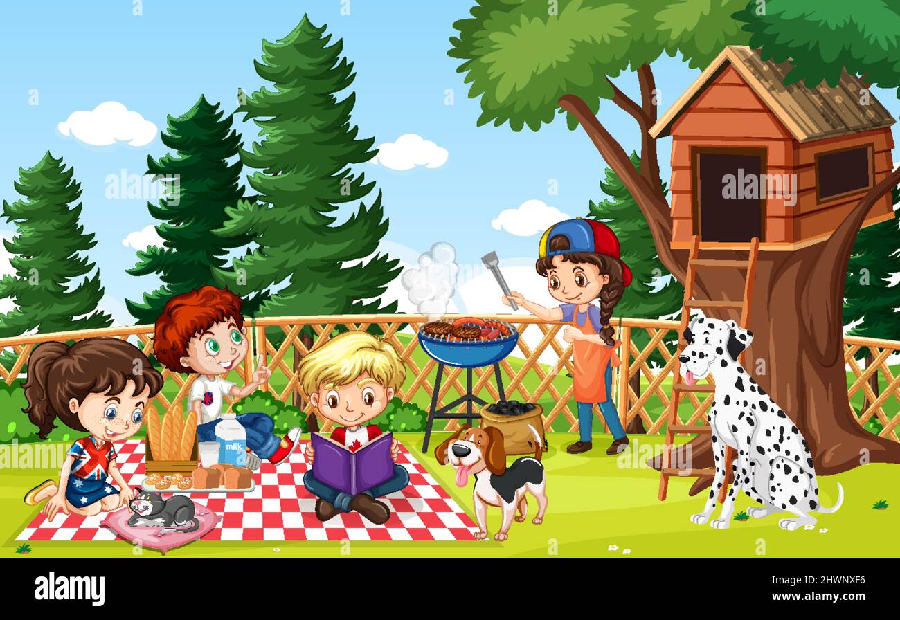 Scene of backyard with kids and fence illustration Stock Vector Image