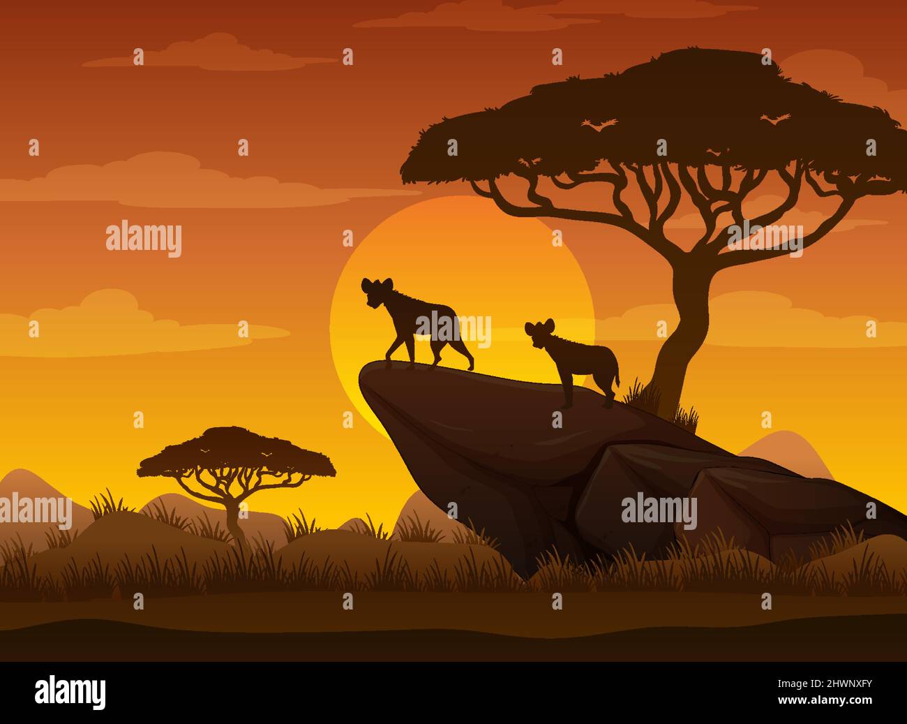 Hyenas silhouette at savanna forest illustration Stock Vector Image