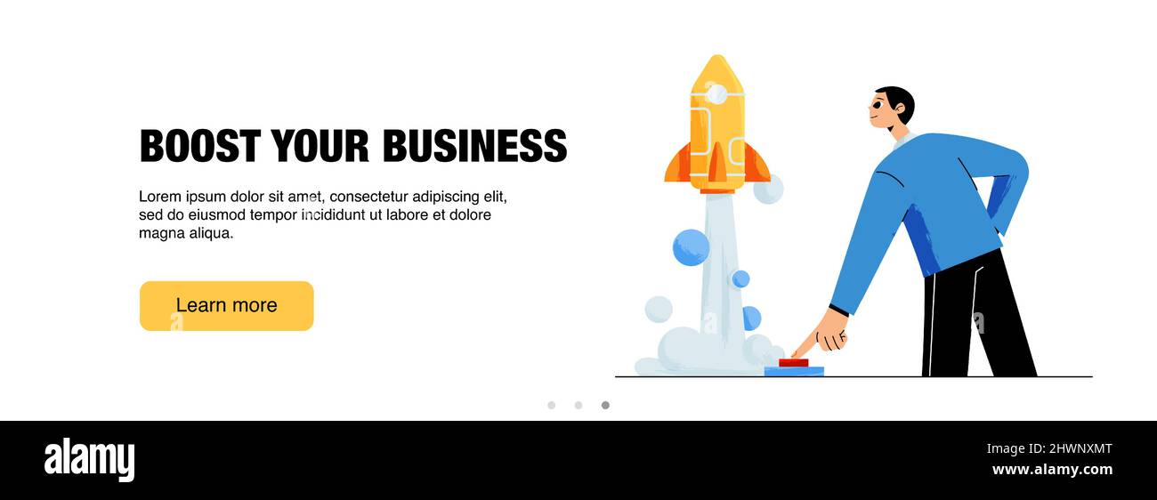 Boost your business web banner. Startup success, launch project concept with man push on start button and rocket fly up. Management and development innovation, Line art flat vector footer or header Stock Vector