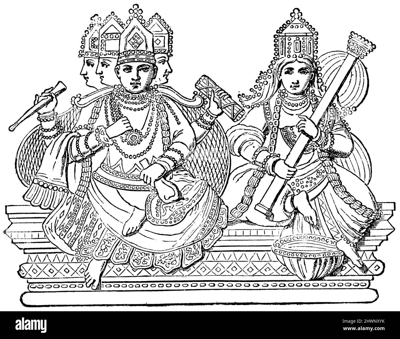 Brahma and Saraswati. According to Indian representation, ,  (encyclopedia, 1893), Brahma und Saraswati. Nach indischer Darstellung, Brahma et Saraswati. D'après la représentation indienne Stock Photo