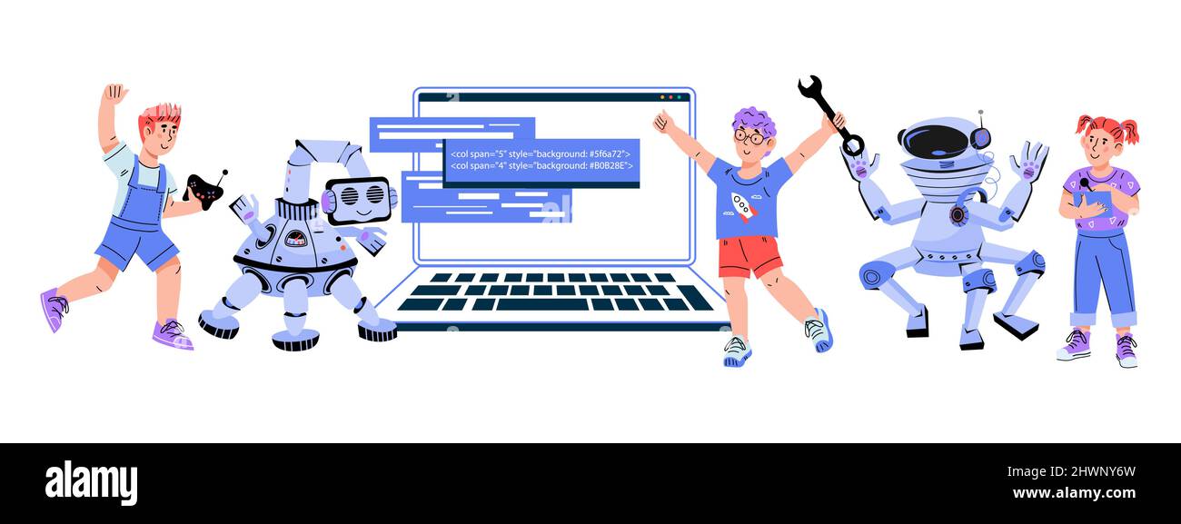 Robotics and programming education for children. Banner with kids and ...