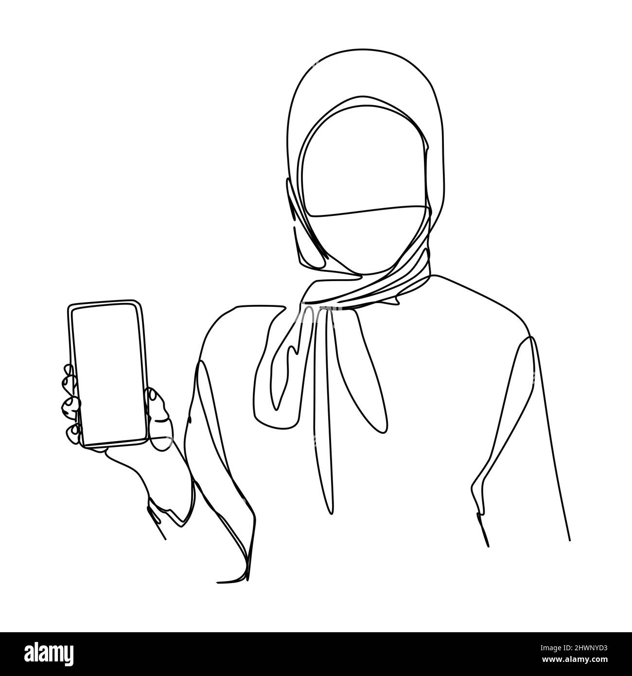 Continuous one line drawing of a businesswoman looking at the tablet computer. Hand drawn style line drawing for technology and business model and con Stock Vector