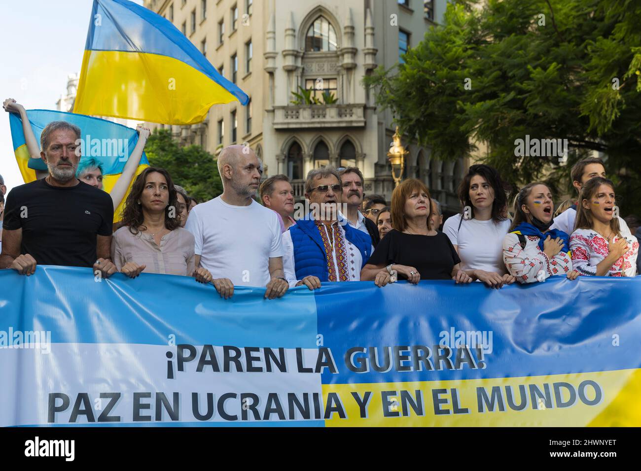 Ciudad de Buenos Aires, Argentina. 6th Mar, 2022. The march was led by the Head of Government of the City of Buenos Aires Horacio RodrÃ-guez Larreta, the Honorary Consul of Ukraine Dr. Pedro Lylyk, the President of the Propuesta Republicana Patricia Bullrich and the National Deputy of Juntos por el Cambio Sabrina Ajmechet together with the people in the march against the Russian invasion of Ukraine. (Credit Image: © Esteban Osorio/Pacific Press via ZUMA Press Wire) Stock Photo