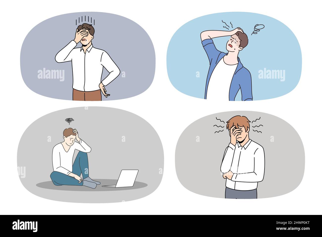 Collection of frustrated men feel distressed with mistake or error. Set of unhappy worried guy suffer from problems have frustration or confusion. Work stress and anxiety. Vector illustration.  Stock Vector