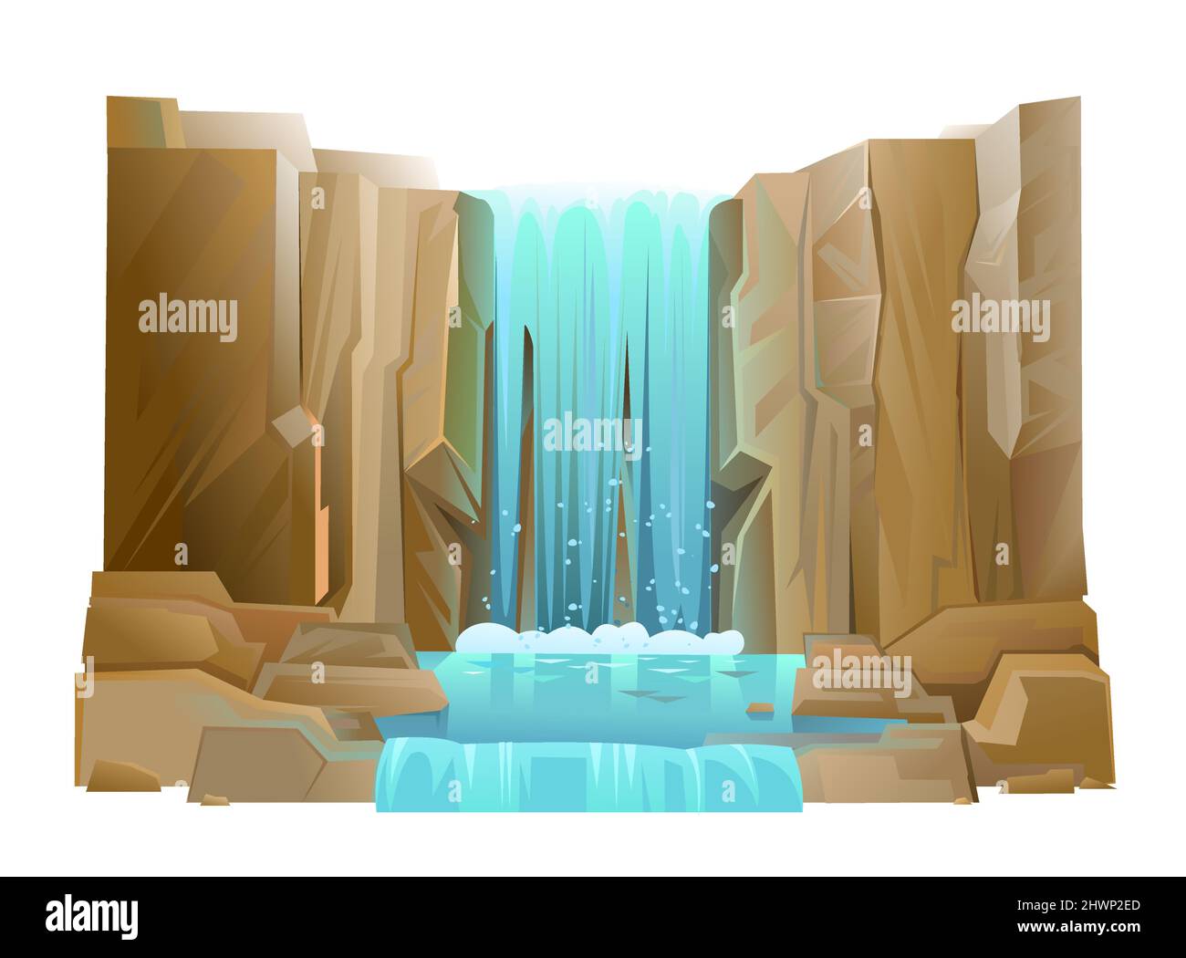 Waterfall among rocks. Cool cartoon style. Cascade shimmers downward. Water flowing. Wild place. Object isolated on white background. Vector Stock Vector