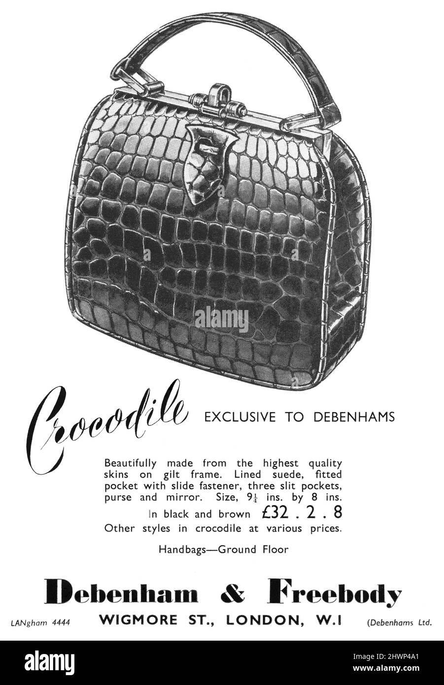 1948 British advertisement for a crocodile handbag available at the Debenham & Freebody department store. Stock Photo