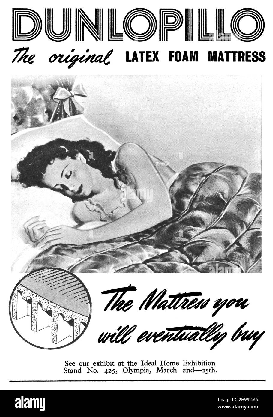 1948 British advertisement for Dunlopillo latex foam mattresses by Dunlop. Stock Photo