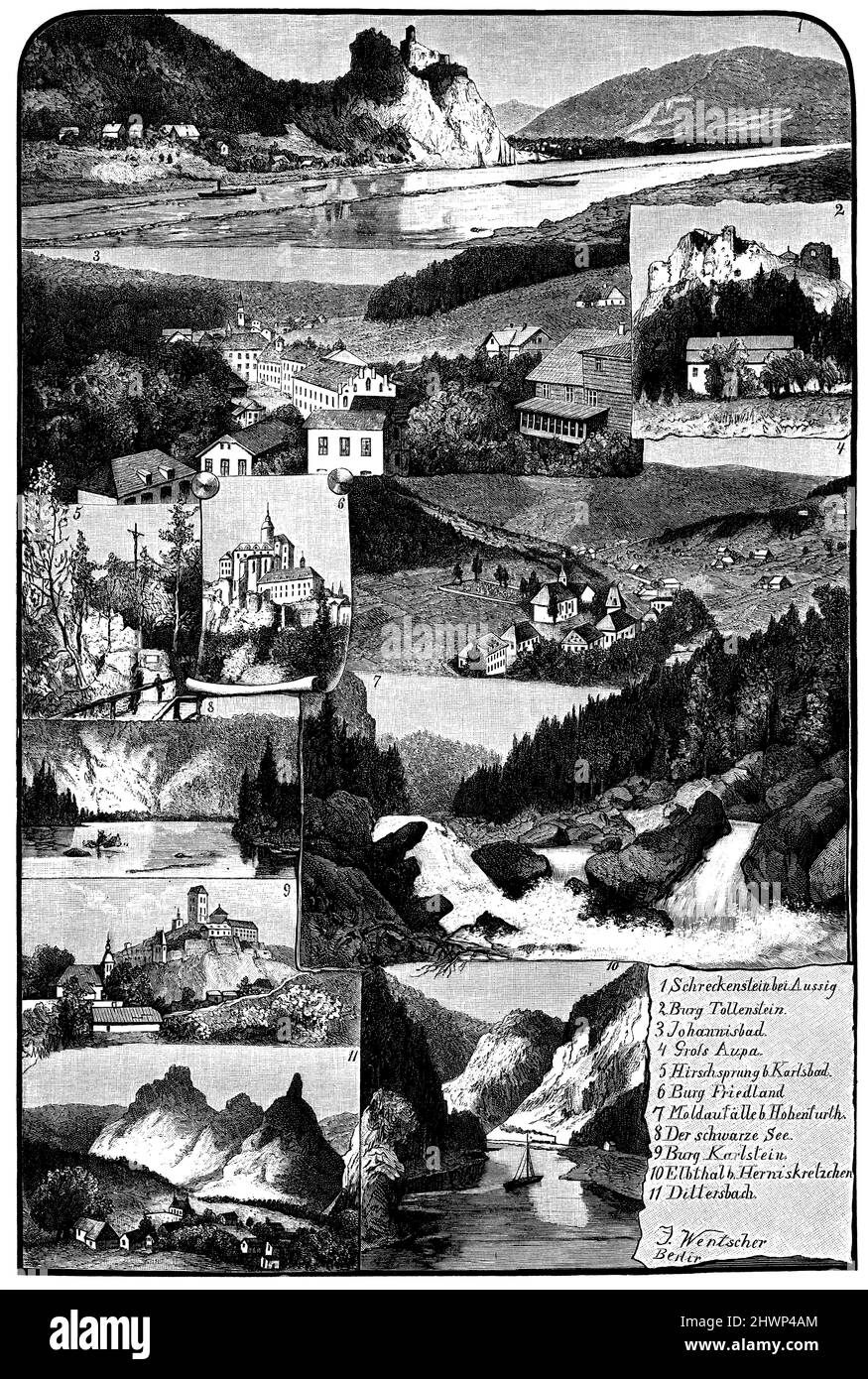 Bohemia. 1) Schreckenstein near Aussig, 2) Tollenstein Castle, 3) Johannisbad, 4) Gross-Aupa, 5) Hirschsprung near Karlsbad, 6) Friedland Castle, 7) Moldaufall near Hohenturth, 8) Schwarzes See, 9) Karlstein Castle, 10) Elbthal near Herniskretzchen, 11) Dittersbach., ,  (encyclopedia, 1893), Böhmen. 1) Schreckenstein bei Aussig, 2) Burg Tollenstein, 3) Johannisbad, 4) Gross-Aupa, 5) Hirschsprung bei Karlsbad, 6) Burg Friedland, 7) Moldaufall bei Hohenturth, 8) Schwarzes See, 9) Burg Karlstein, 10) Elbthal bei Herniskretzchen, 11) Dittersbach., Bohême. 1) Schreckenstein près d'Aussig, 2) châtea Stock Photo