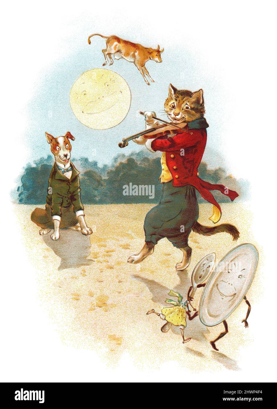 Hey diddle diddle, the cat and the fiddle, the dish ran away with the spoon, the little dog laughed to see such fun and the cow jumped over the moon. 1902 chromo-litho illustration from Mother Goose Jingles. Published by Ernest Nister. Stock Photo
