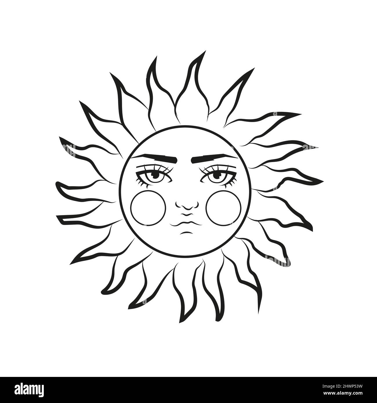 Bohemian illustration, stylized vintage design, sun with face and closed eyes, stylized drawing, tarot card. Stock Vector