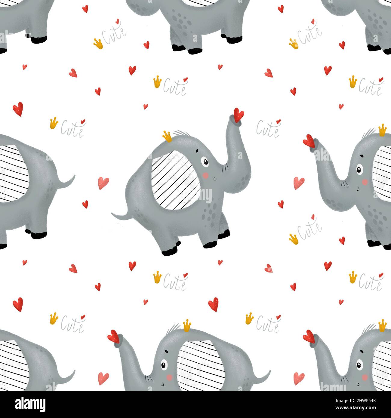 Seamless pattern. Cute elephant in love with crown on white background ...