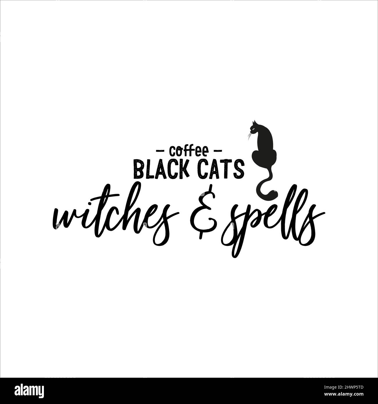 Coffee Black Cats Witches and Spells of black ink on a white background