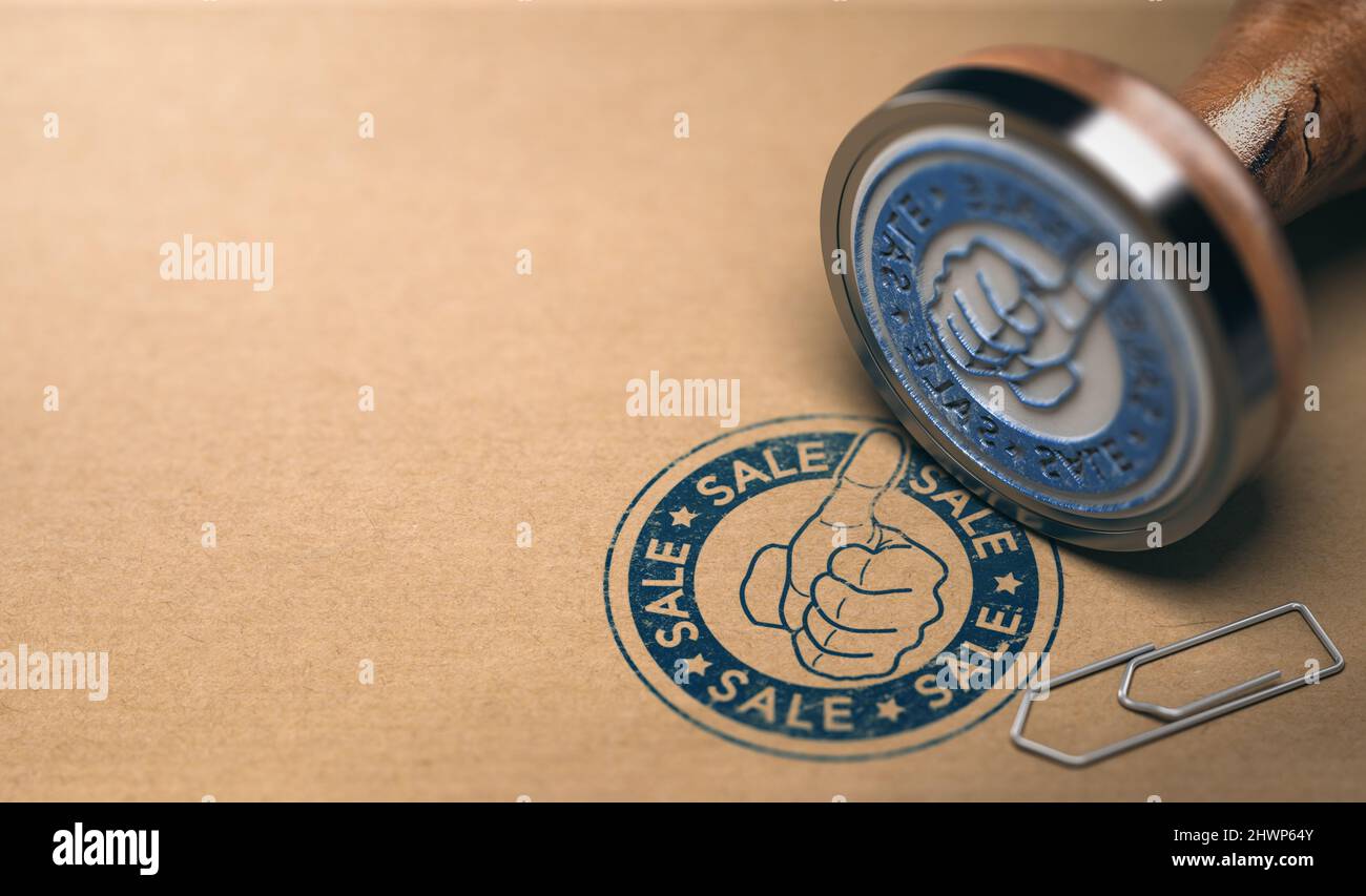 3d illustration of a rubber stamp with the text sales printed on a brown paper Stock Photo