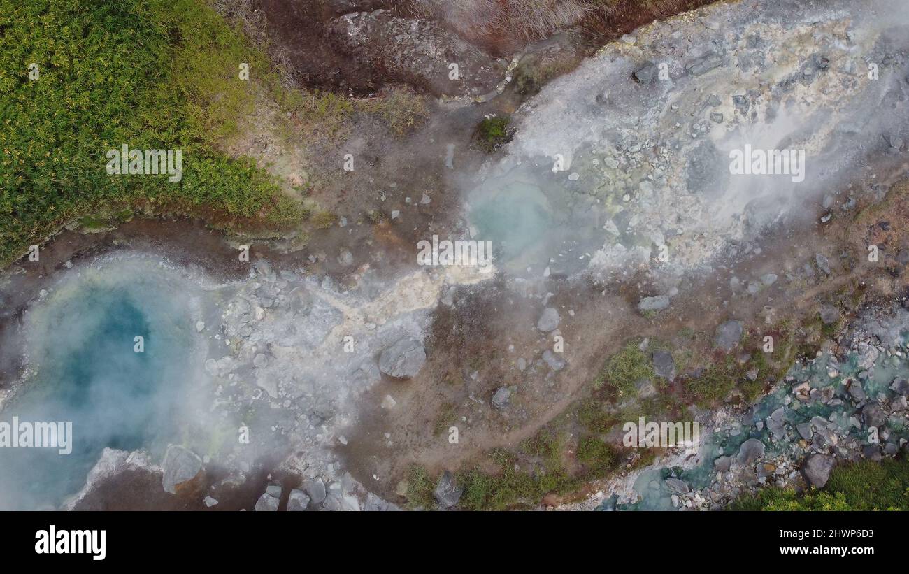 Volcanic activity, sulfur fumarole and hot gas on Iturup Island, Kuril islands, Russia. Stock Photo
