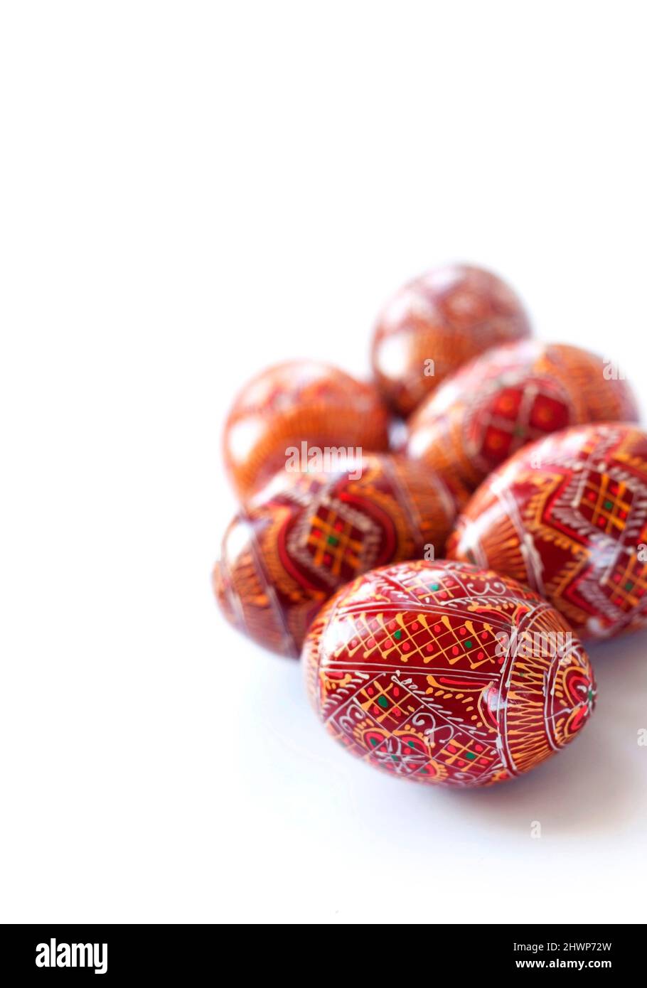 Pysanky - Ukrainian traditional painted Easter eggs on white background. Copy space Stock Photo