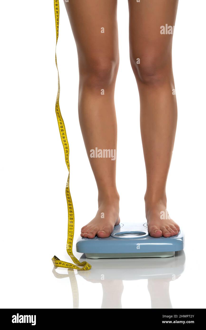 Woman On Scales Measure Weight. Girl Leg, Stock Video