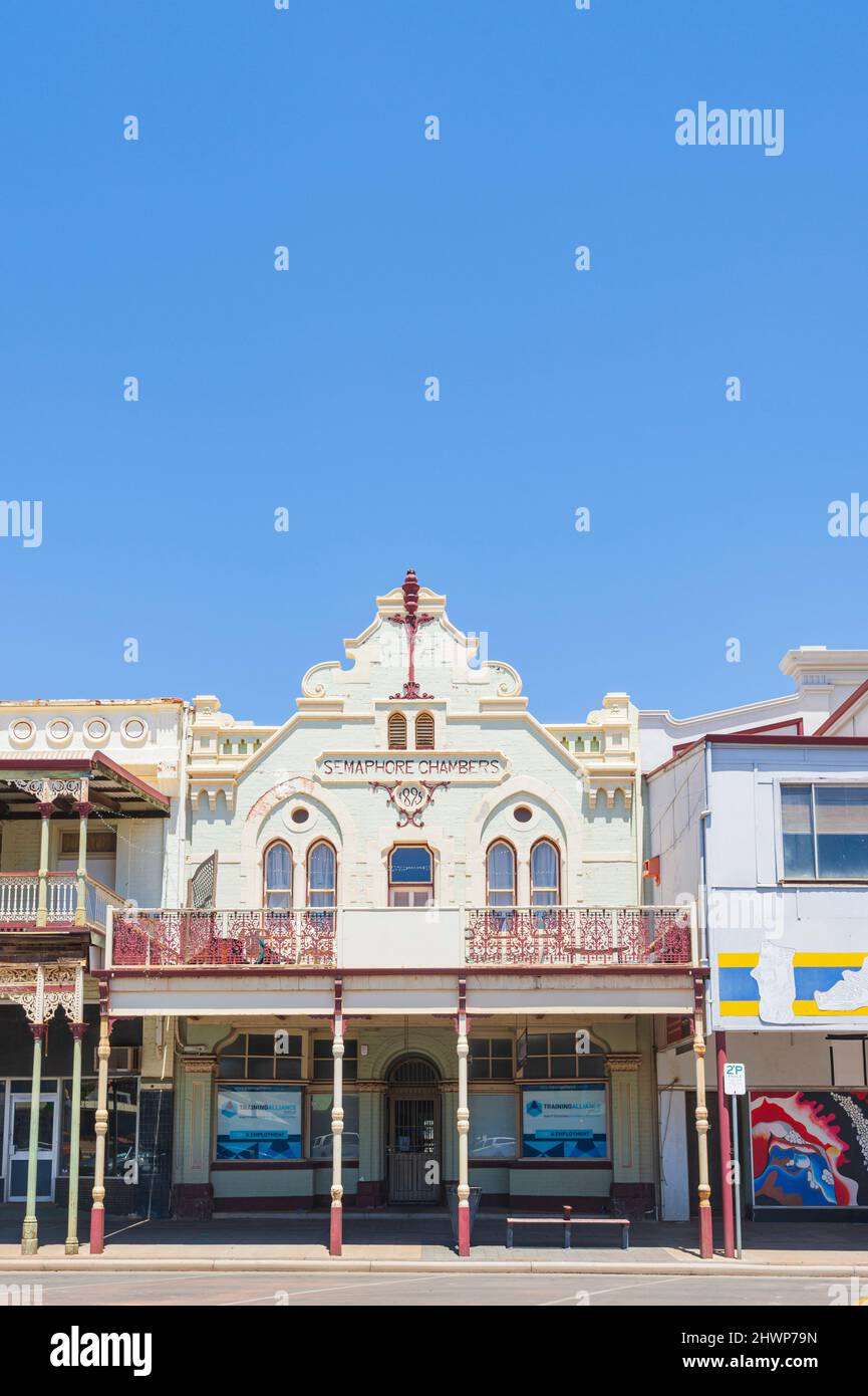 Details of the front of the Semaphore Chambers Buidling, a colonial building built 1895, Kalgoorlie, Western Australia, WA, Australia Stock Photo