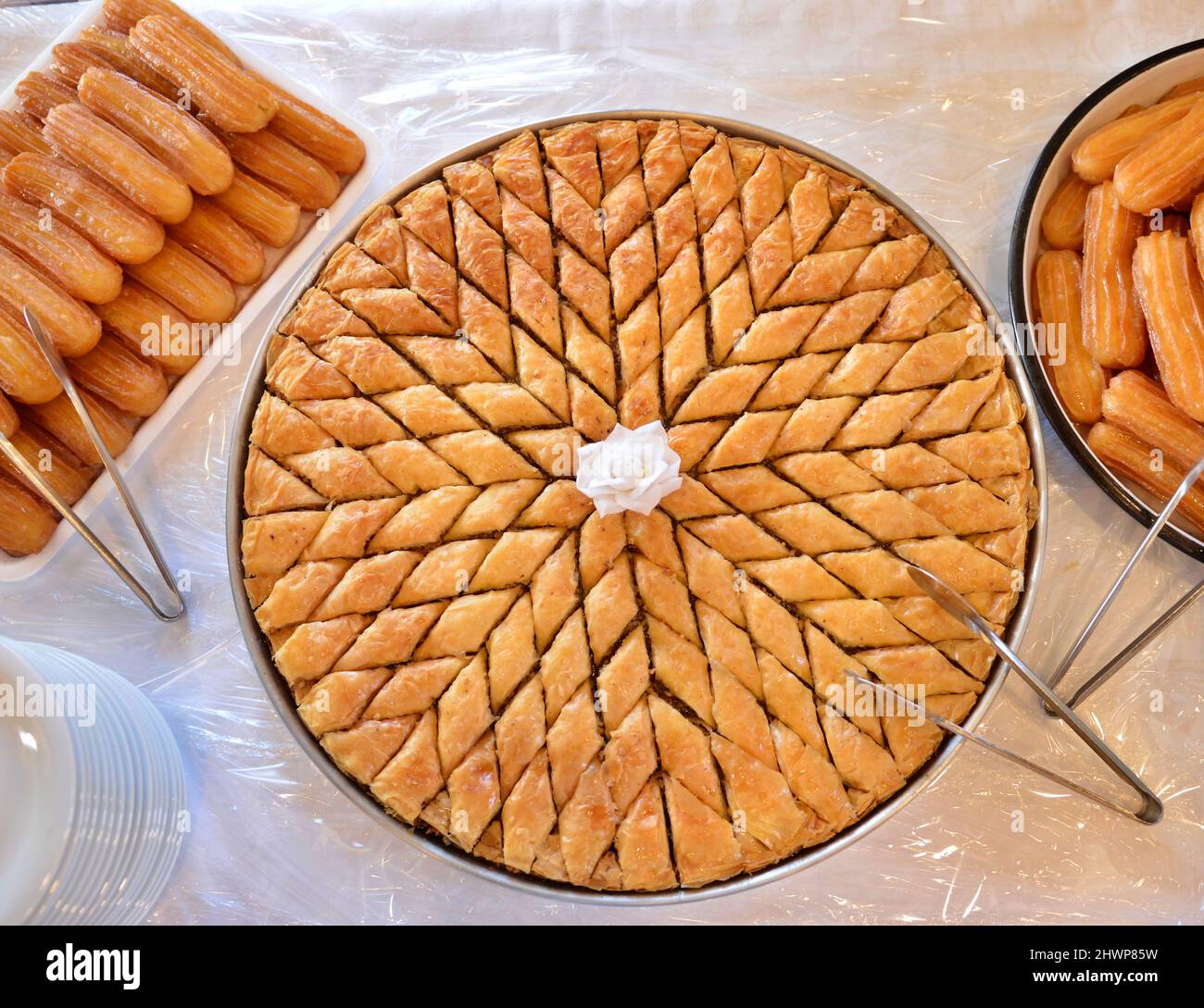 turkish baklava and tulumba . Traditional Middle Eastern Flavors. Top view. Stock Photo