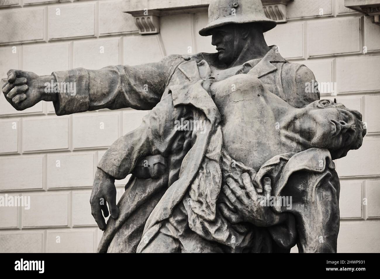 Sad Tank Death soldier sculpture in Budapest. War destruction. Battle warrior ...