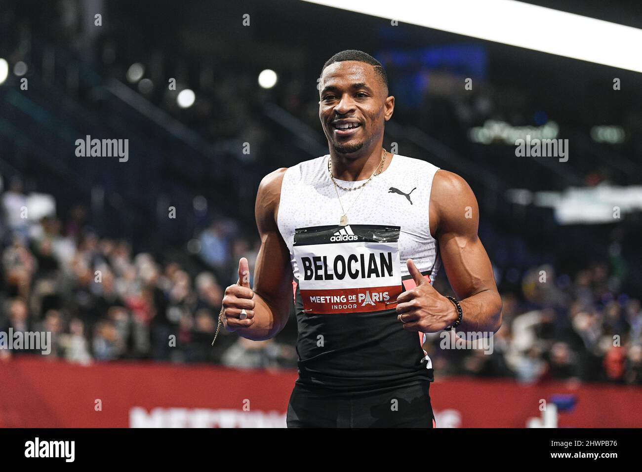 Wilhem Belocian (Men's 60m hurdles) of France competes during the World Athletics Indoor Tour, Meeting de Paris 2022 on March 6, 2022 at Accor Arena in Paris, France - Photo: Victor Joly/DPPI/LiveMedia Stock Photo