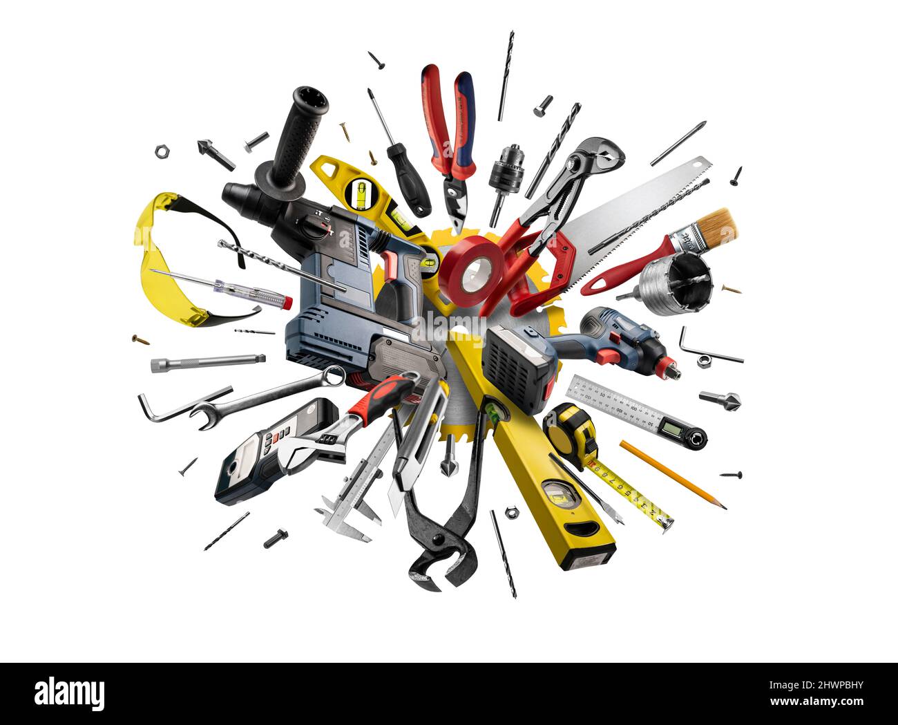 Construction tools levitate on a white background Stock Photo - Alamy