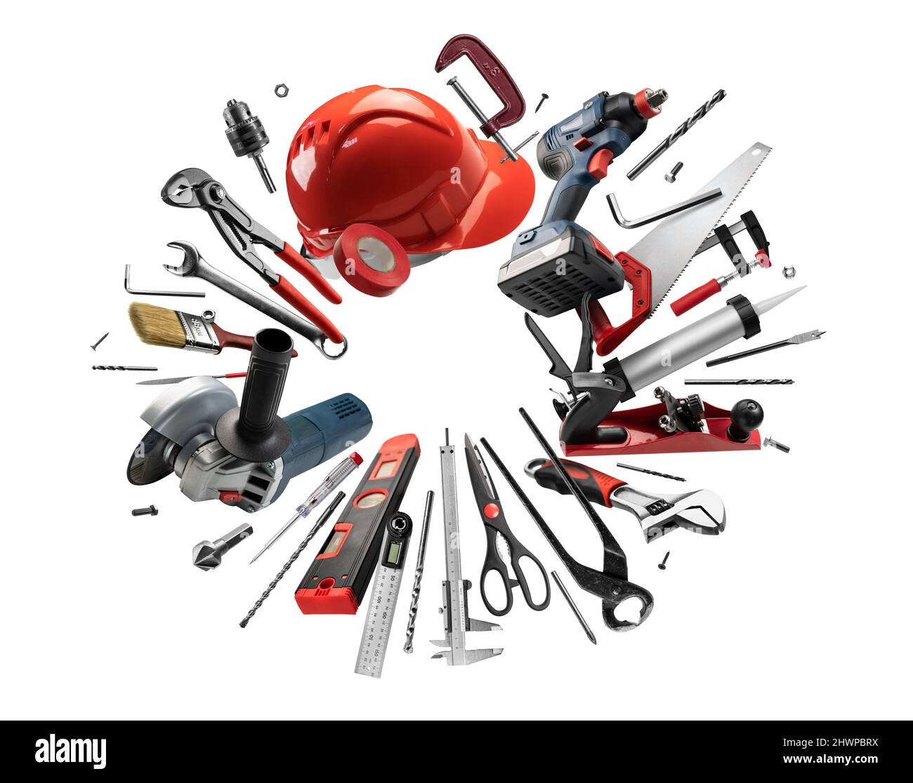 Construction tools levitate on a white background Stock Photo - Alamy