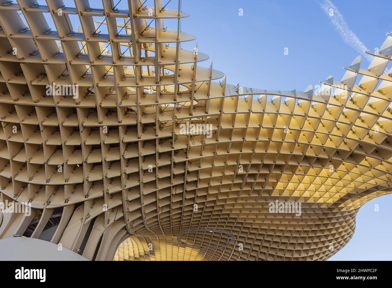 Editorial: SEVILLE, ANDALUSIA, SPAIN, OCTOBER 10, 2021 - Looking at the roof structure of Metropol Parasol seen from the street level Stock Photo