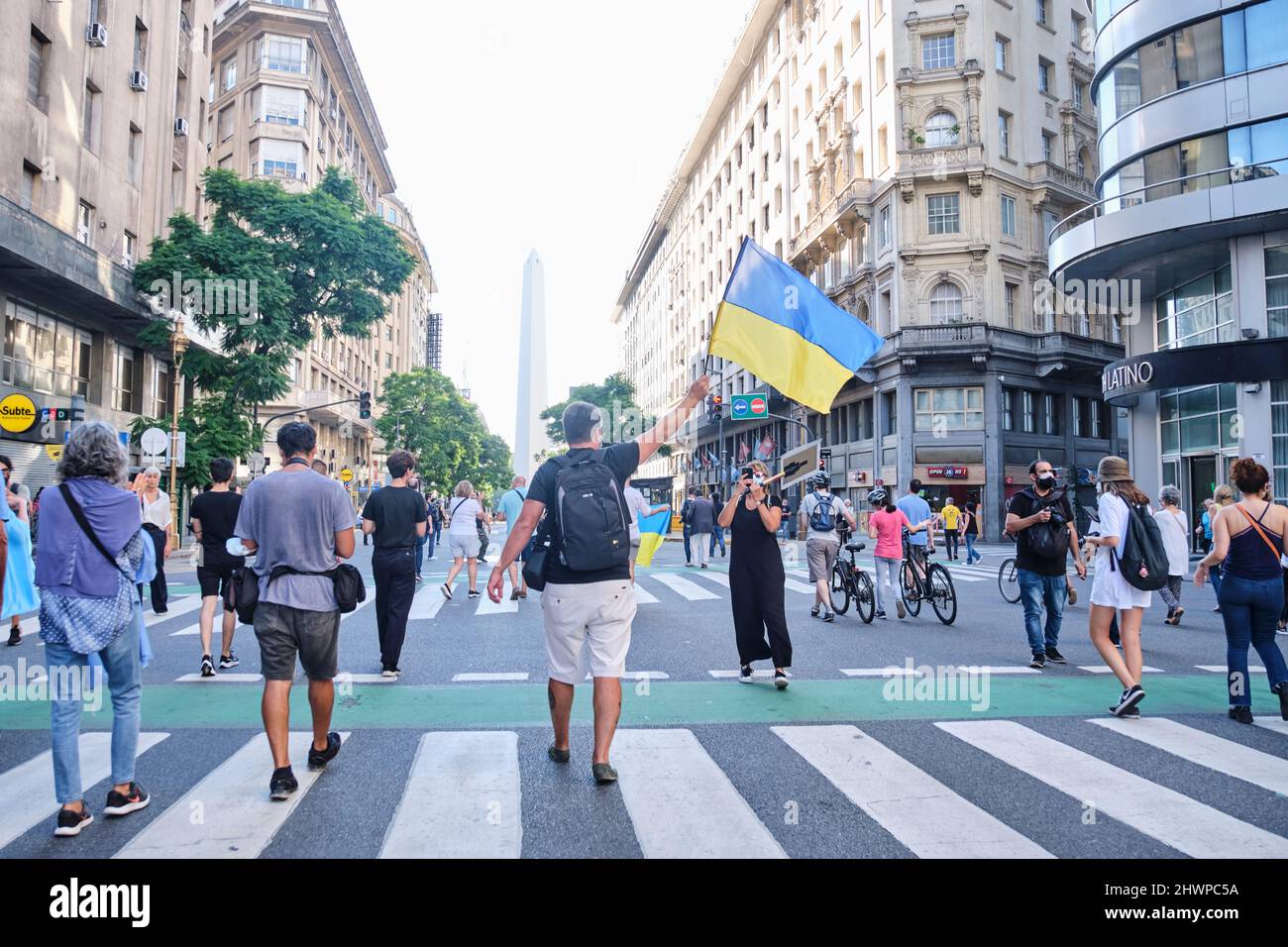 Buenos Aires, Argentina; March 6, 2022: People marching to the obelisk for peace in Ukraine, against Russian war and invasion. Stock Photo