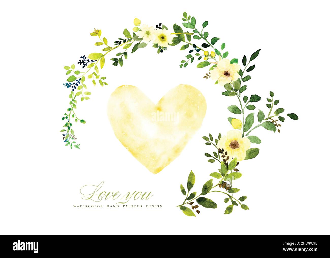 Watercolor of love with yellow and green wreath decorated in a hearts. Hand-painted watercolor suitable for Valentine's Day, Wedding Invitation, thank Stock Vector