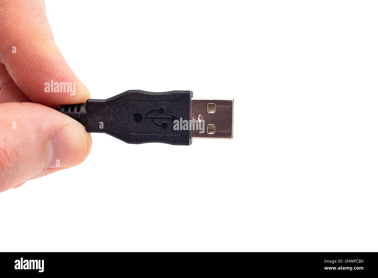 The man's hands hold the USB cable to connect to the adapter. USB cable