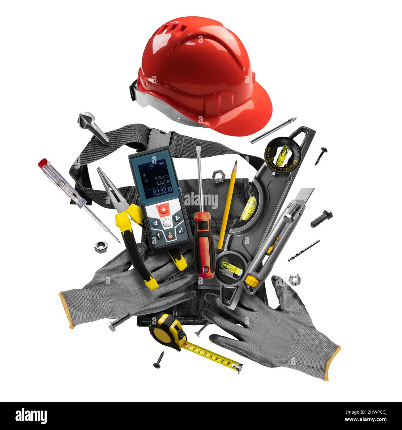Construction tools levitate on a white background Stock Photo - Alamy