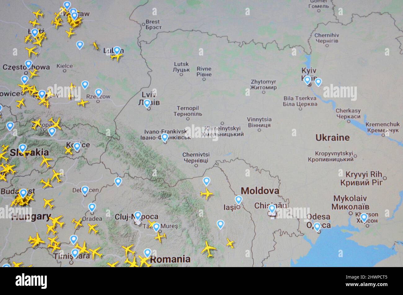 aerial traffic near Ukraine on march 7, 2022, on Flightradar 24 site Stock Photo