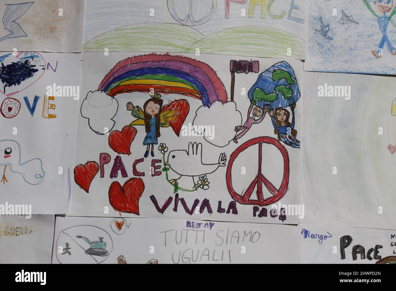 6th March 2022 War in Ukraine -  Peace messages by children outside  San Gaetano Infant Kindergarten school in Rome, Italy Stock Photo