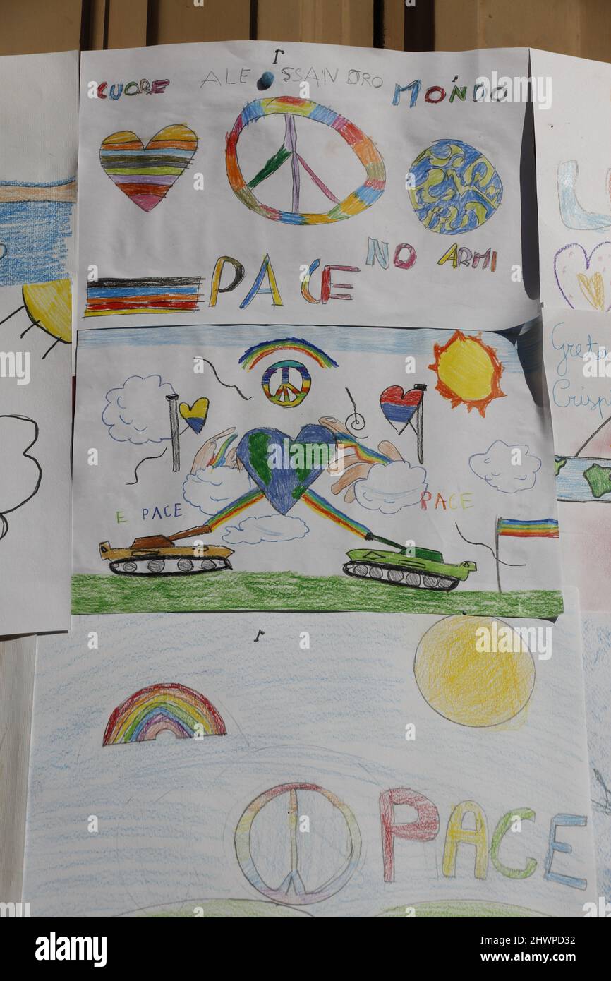 6th March 2022 War in Ukraine -  Peace messages by children outside  San Gaetano Infant Kindergarten school in Rome, Italy Stock Photo