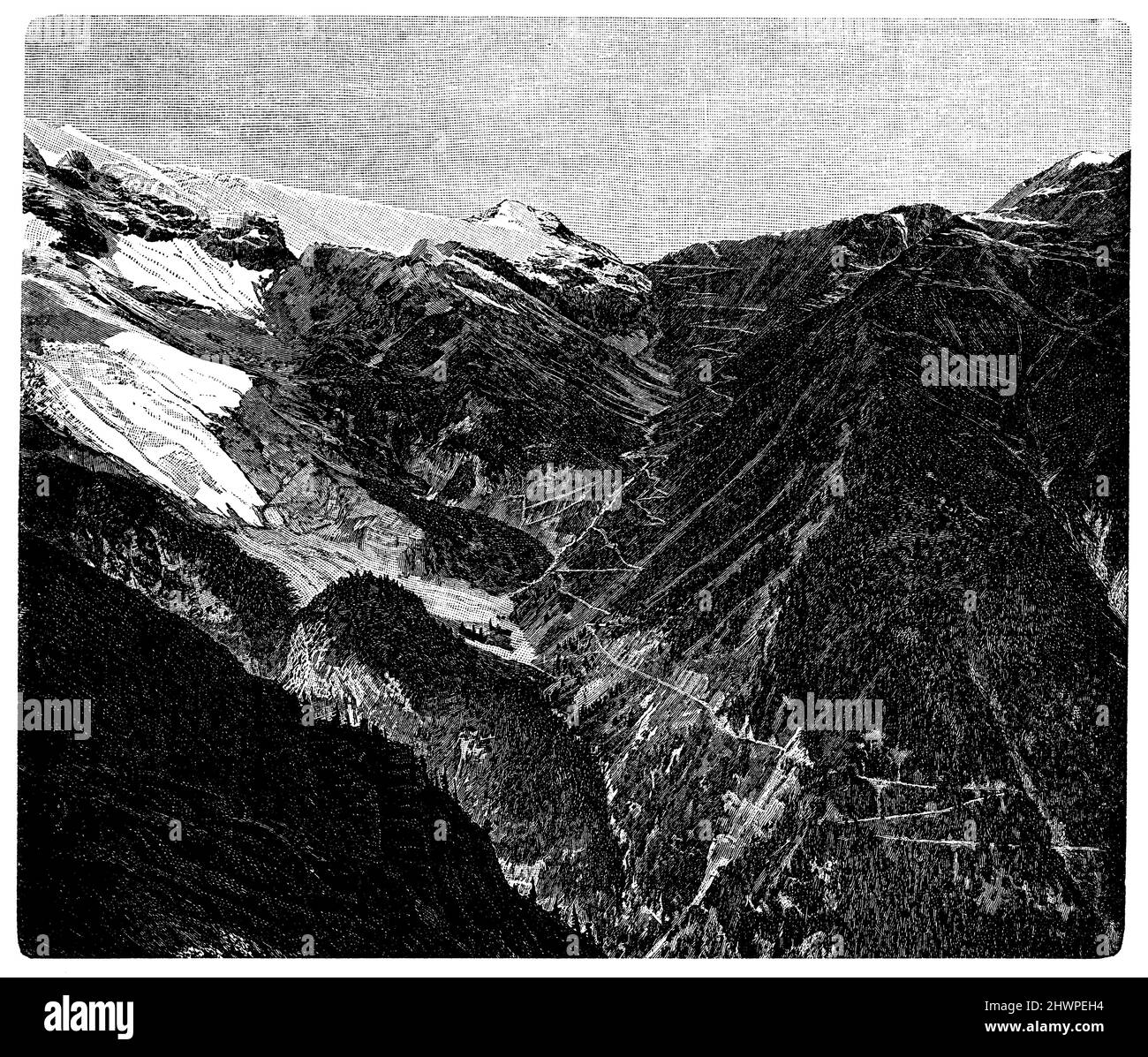 Stilfser Joch with pass road seen from the east side, ,  (atlas, 1909), Stilfser Joch mit Paßstraße von der Ostseite gesehen, Stilfser Joch avec route de col vue du côté est Stock Photo