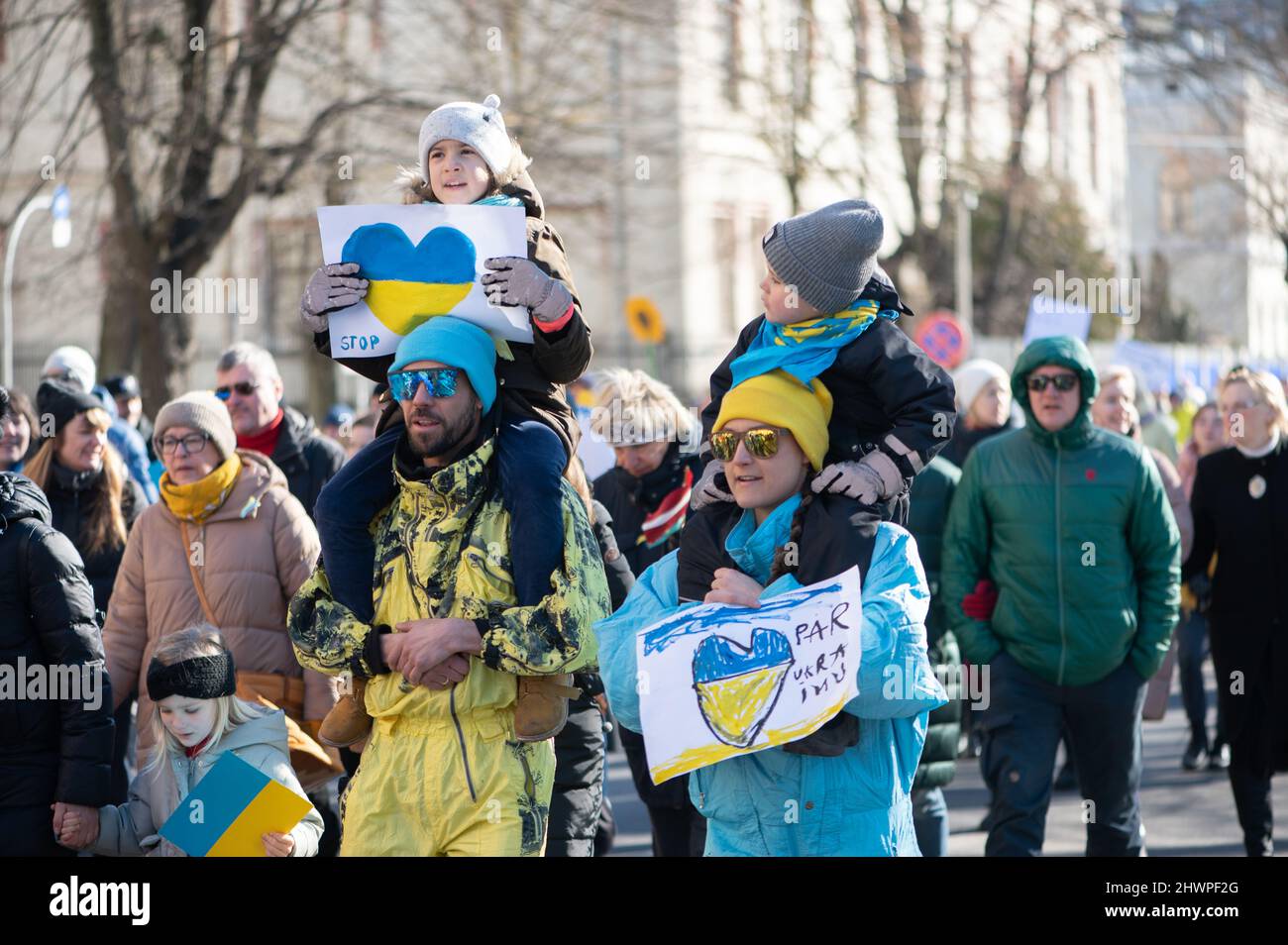Riga, Latvia - March 05, 2022: Protest against war in Ukraine and