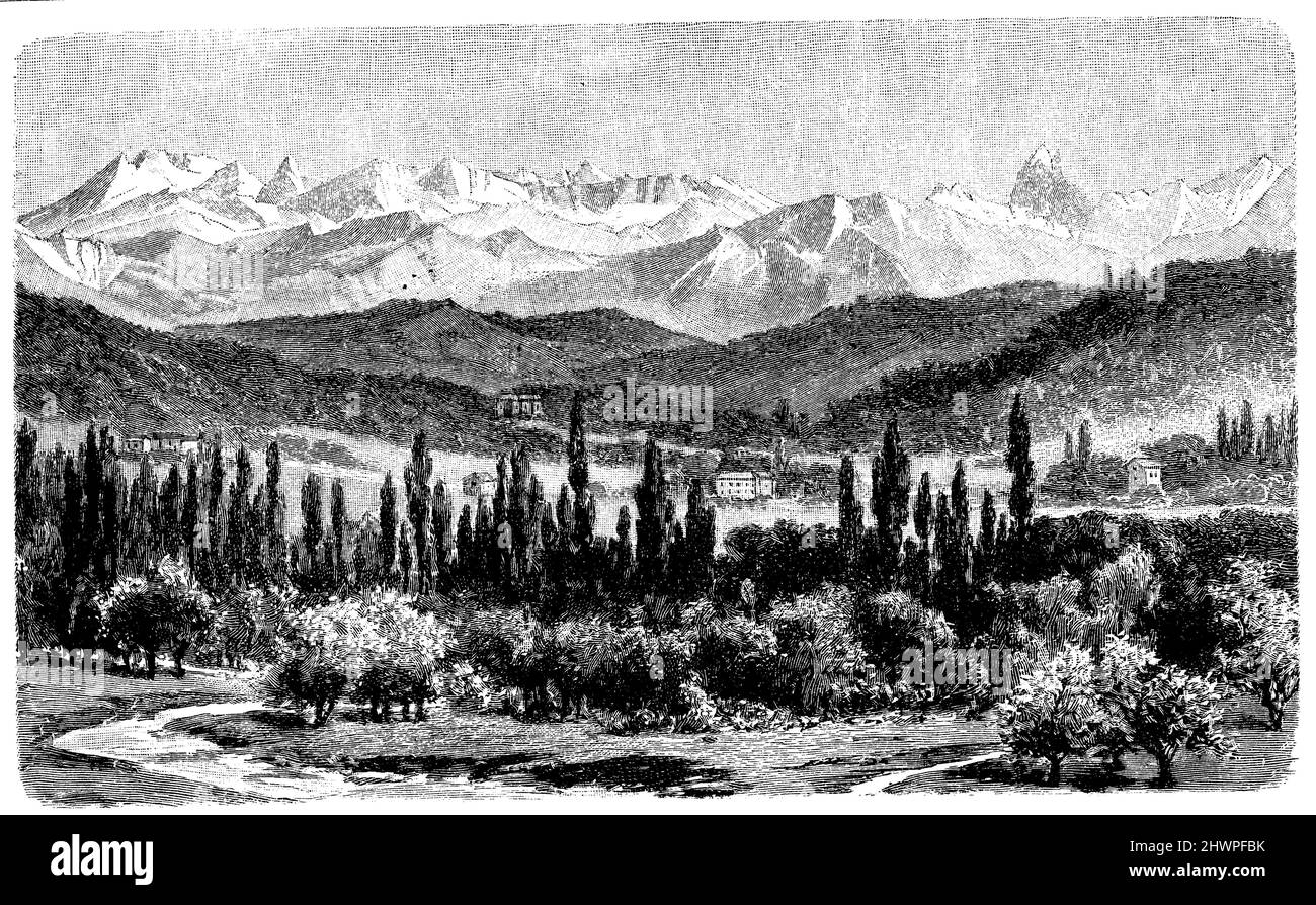 Valley of Pau and the Pyrenees, ,  (atlas, 1909), Tal von Pau und die Pyrenäen, Vallée de Pau et Pyrénées Stock Photo