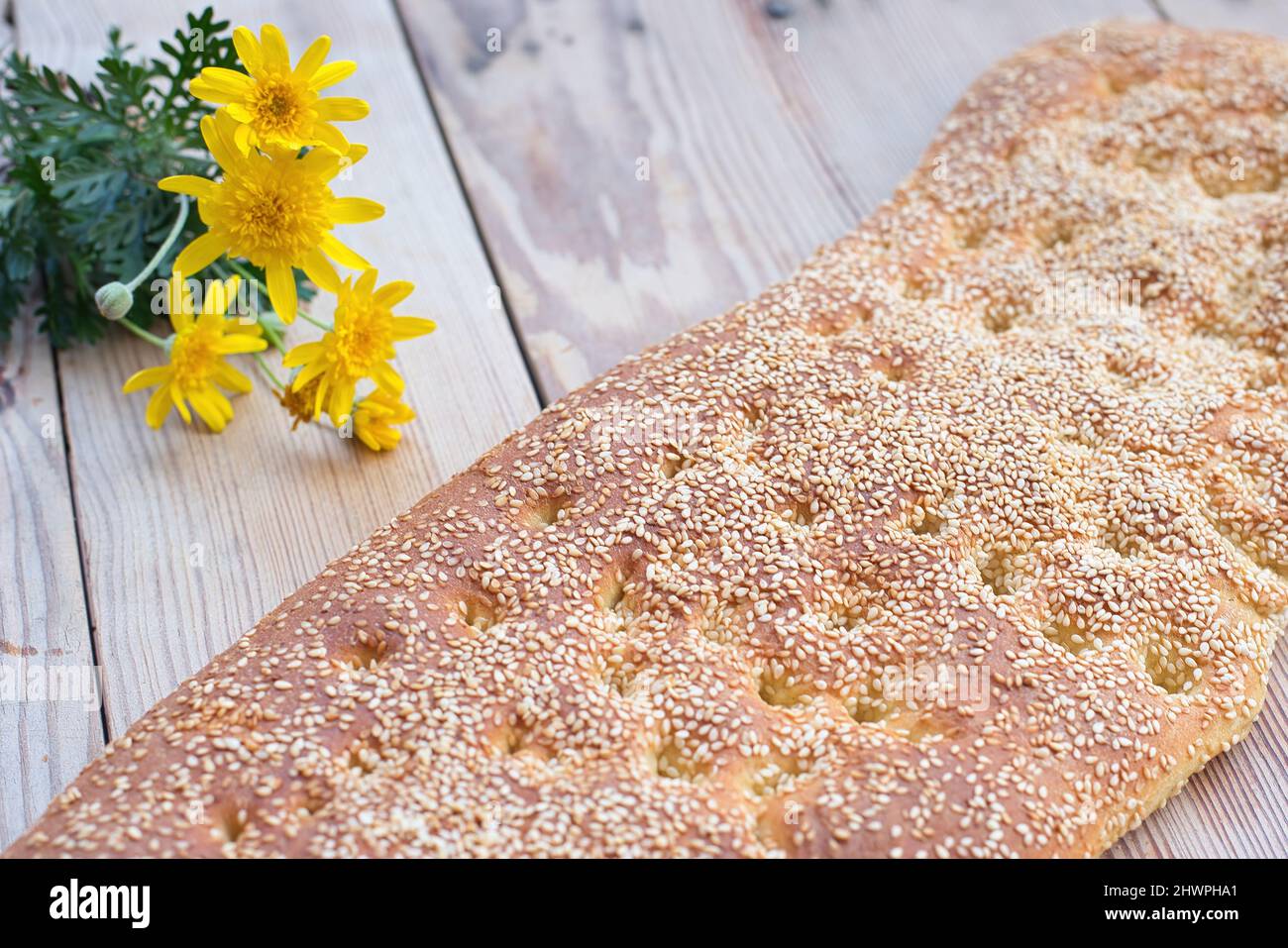 Bread with sesame, without dough, Greek traditional bread called lagana