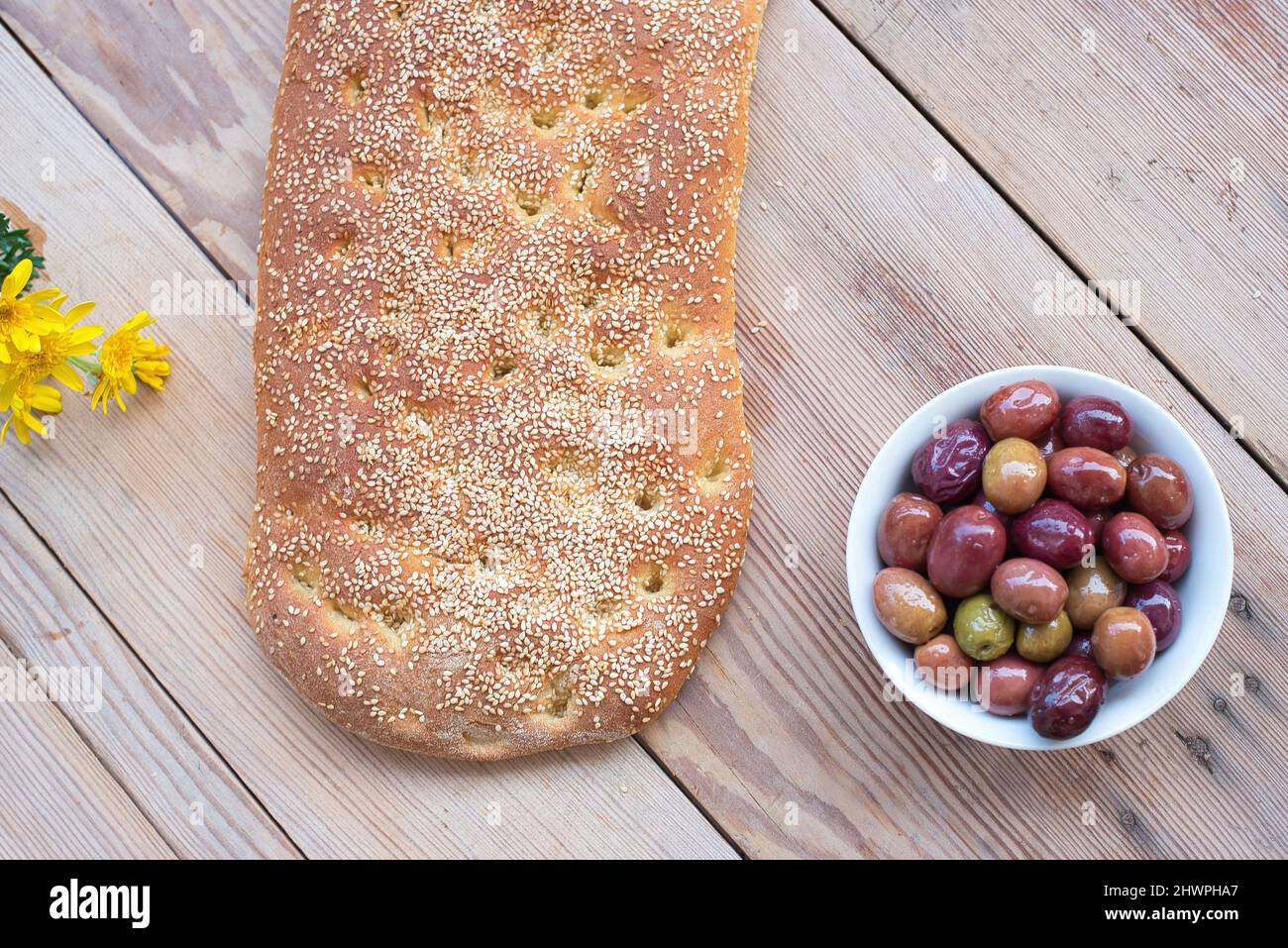 Bread with sesame, without dough, Greek traditional bread called lagana