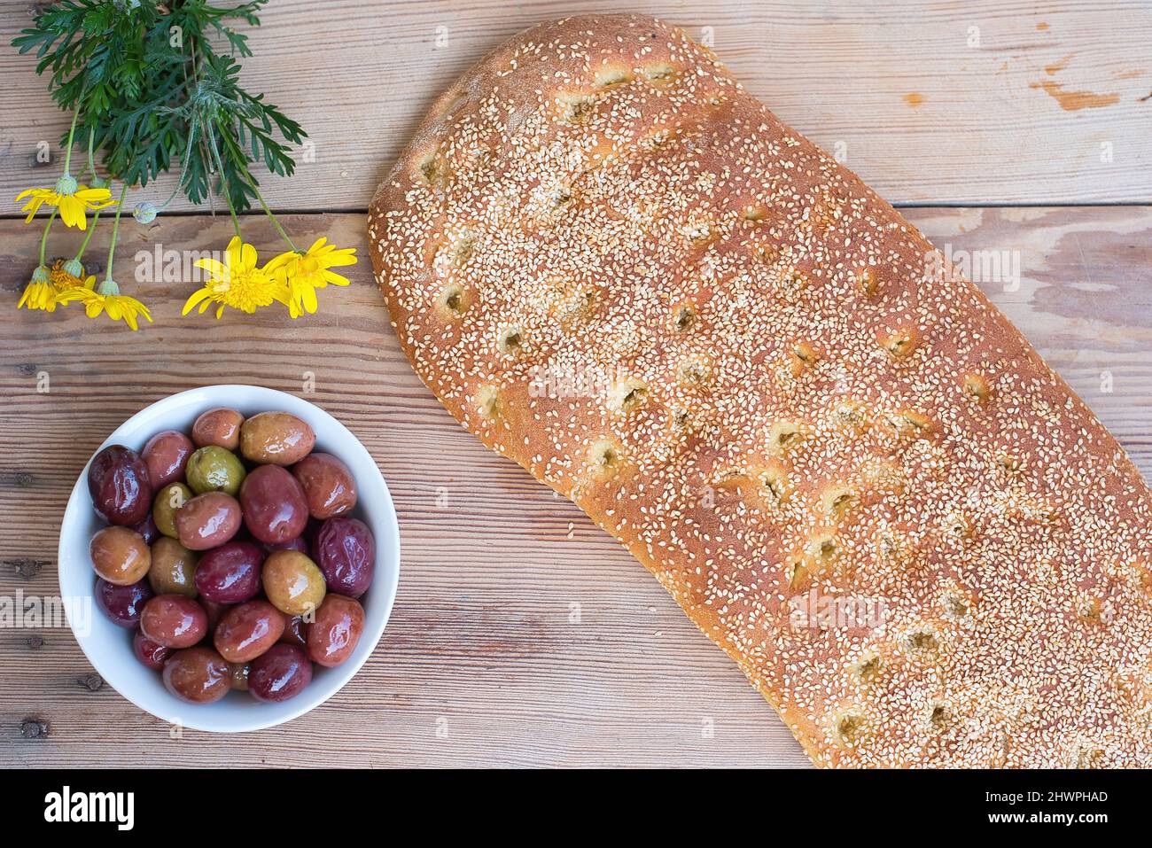 Bread with sesame, without dough, Greek traditional bread called lagana